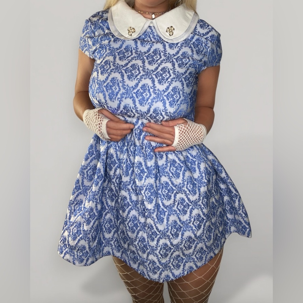 Blue and White Damask Babydoll Collared Dress